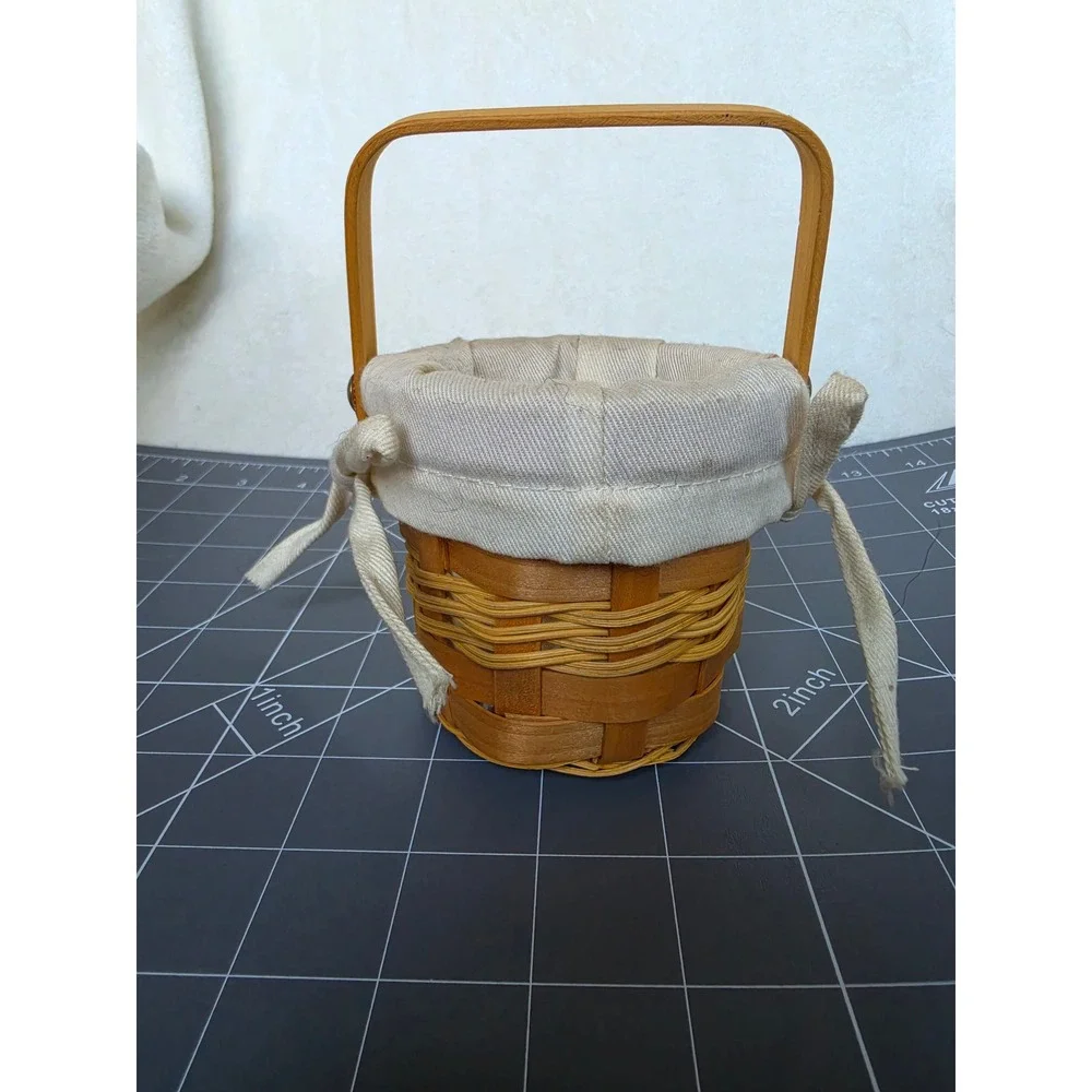 Miniature Woven Wood Basket with Handle and Cream Fabric Liner Small Decor